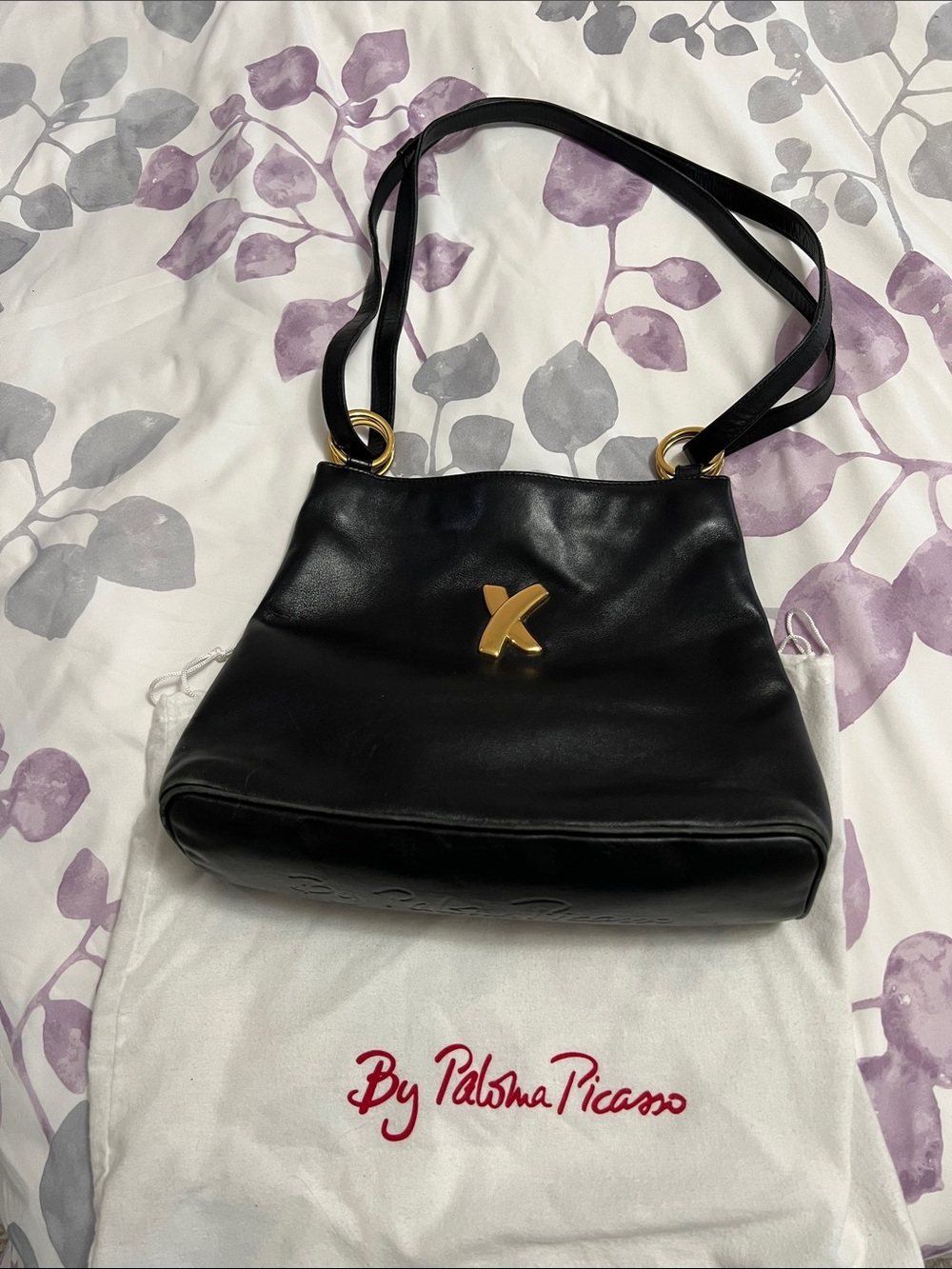 Paloma Picasso Black Leather Shoulder Bag with Gold Accent X Logo